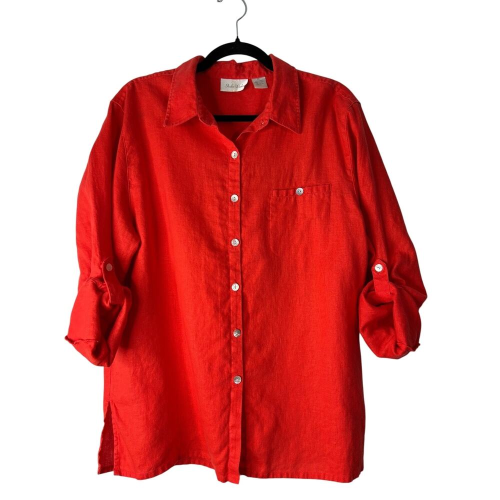 Studio Works Top Size XL Red 100% Linen Button‎ Front Lagenlook Roll Tab Sleeve